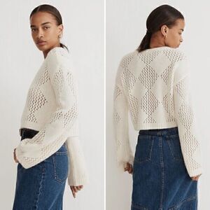 Madewell Diamond-Stitch Crewneck Crop Sweater in Cream